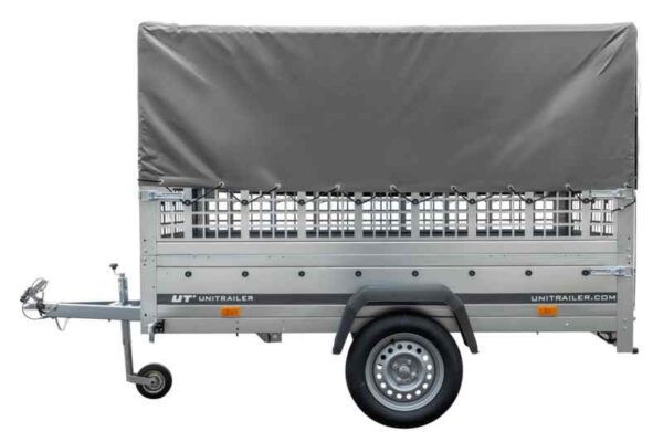 Grande remorque UNITRAILER Garden Trailer 230 KIPP avec rehausses grillagées, bâche haute et roue jockey – Image 8