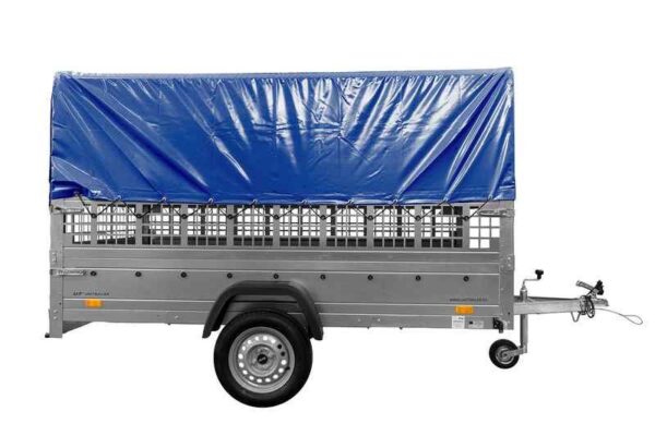 Grande remorque basculante Garden Trailer 264 KIPP avec roue jointe, glissières, châssis H-800 et bâche bleue – Image 6