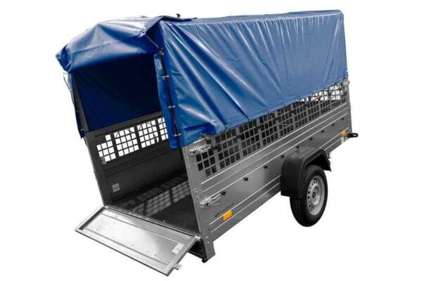 Grande remorque basculante Garden Trailer 264 KIPP avec roue jointe, glissières, châssis H-800 et bâche bleue – Image 4